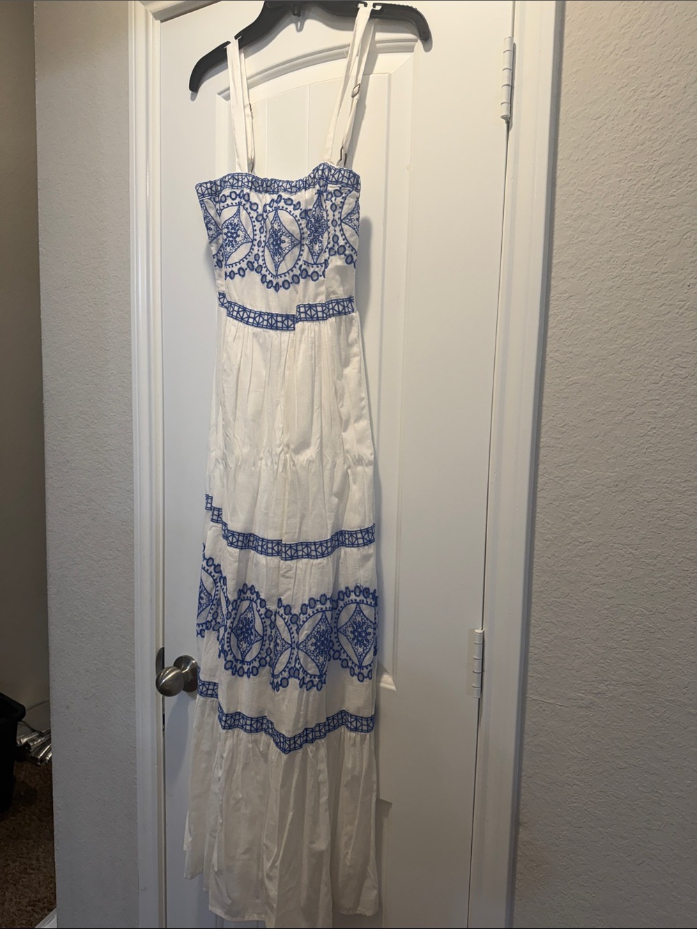 White & Blue Embroidered Strapless Maxi Dress | Women’s Small